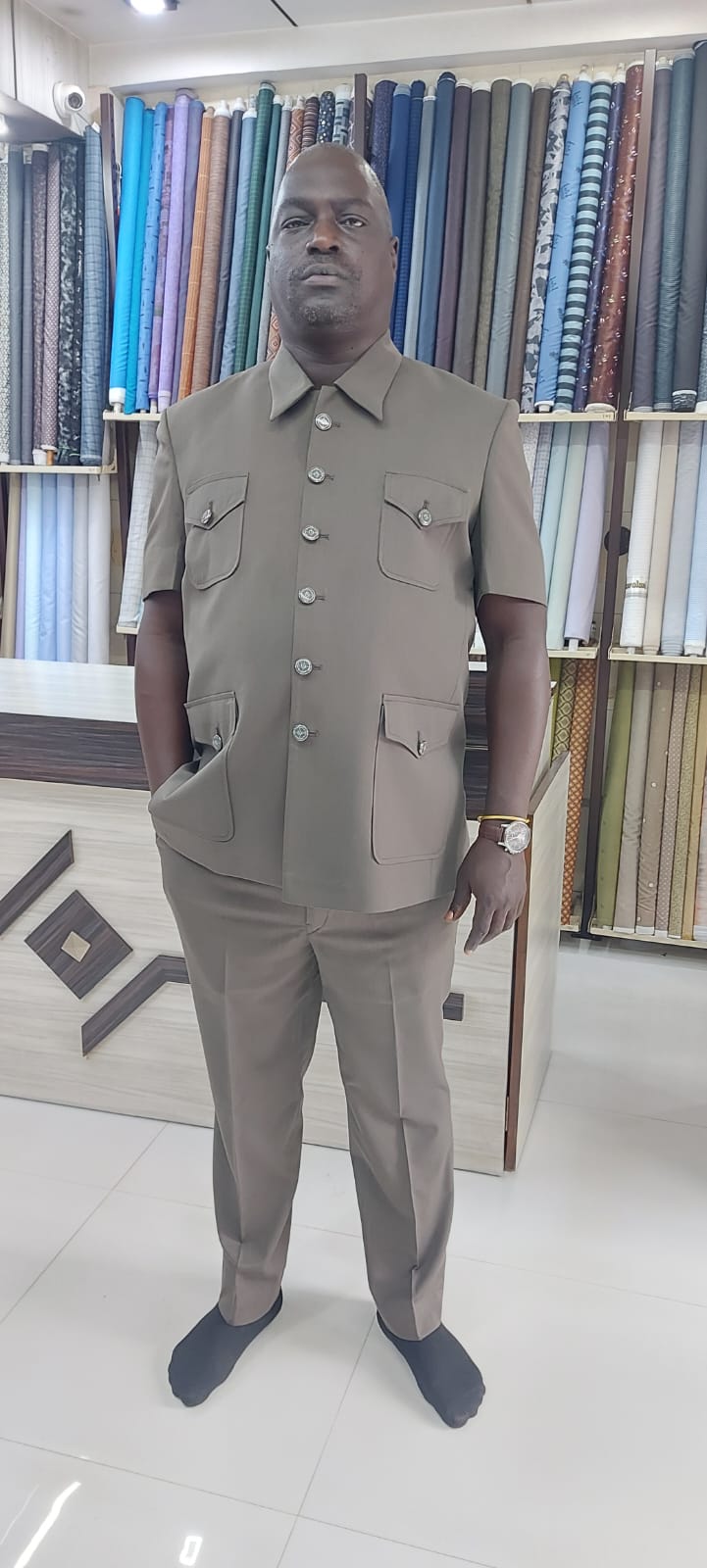 Khaki Short-Sleeve Safari Suit – New Alap Ahmedabad